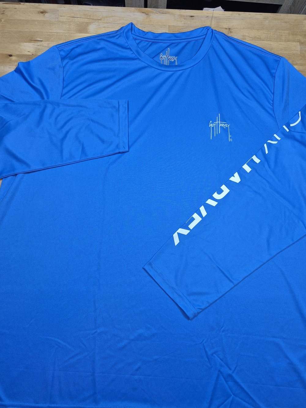 Guy Harvey Long Sleeve Performance Shirt in Bright Blue with White Sleeve Logo
